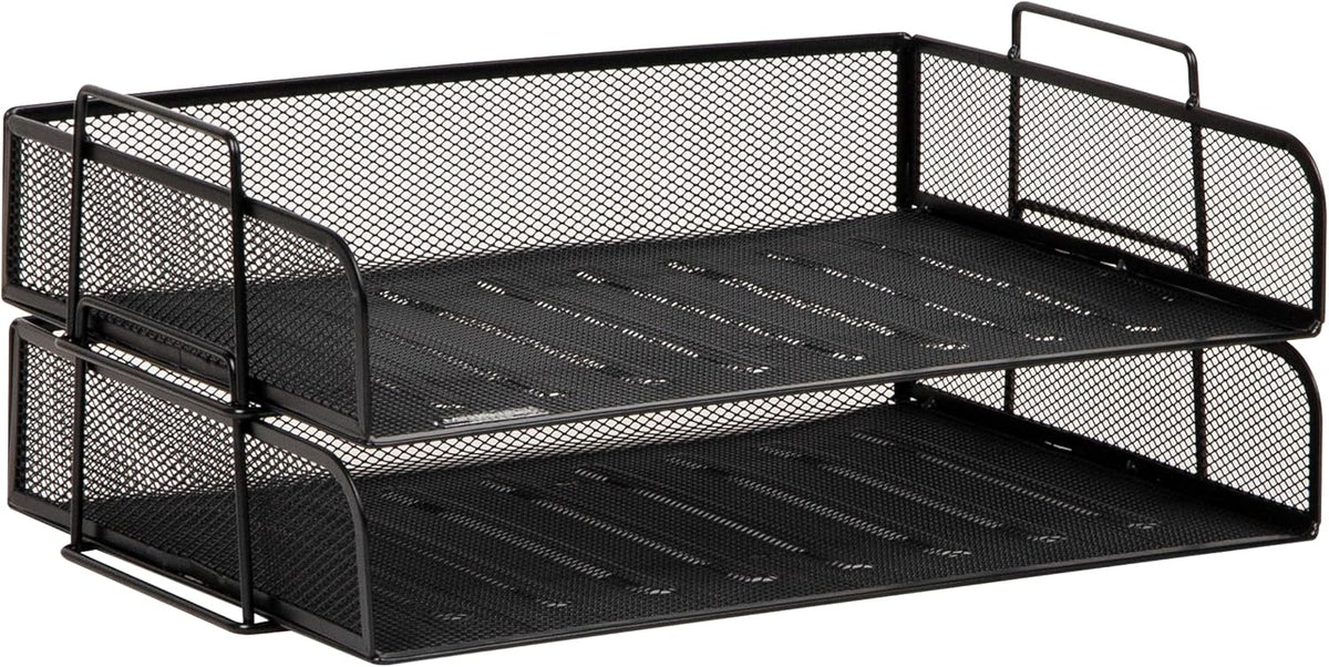 Stackable Paper Tray, Desktop Organizer, File Storage, Office, Metal Mesh, 2 Pcs., Black