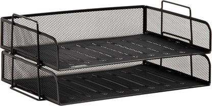 Stackable Paper Tray, Desktop Organizer, File Storage, Office, Metal Mesh, 2 Pcs., Black