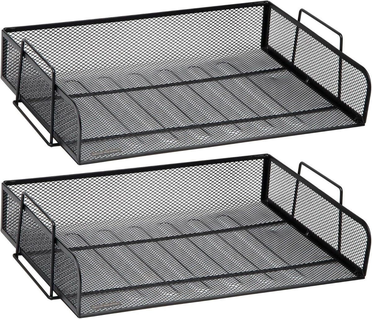 Stackable Paper Tray, Desktop Organizer, File Storage, Office, Metal Mesh, 2 Pcs., Black