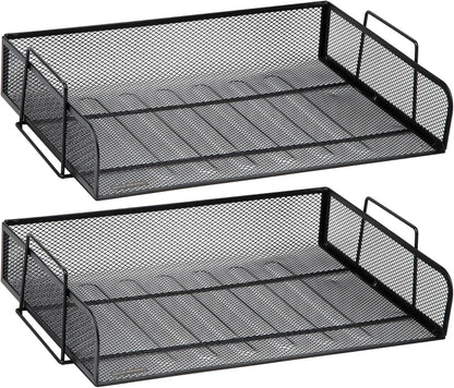 Stackable Paper Tray, Desktop Organizer, File Storage, Office, Metal Mesh, 2 Pcs., Black