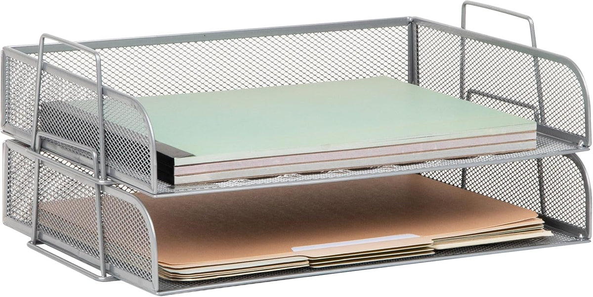 Stackable Paper Tray, Desktop Organizer, File Storage, Office, Metal Mesh, 2 Pcs., Black