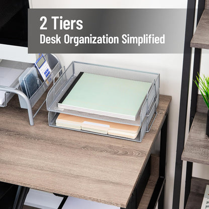Stackable Paper Tray, Desktop Organizer, File Storage, Office, Metal Mesh, 2 Pcs., Black