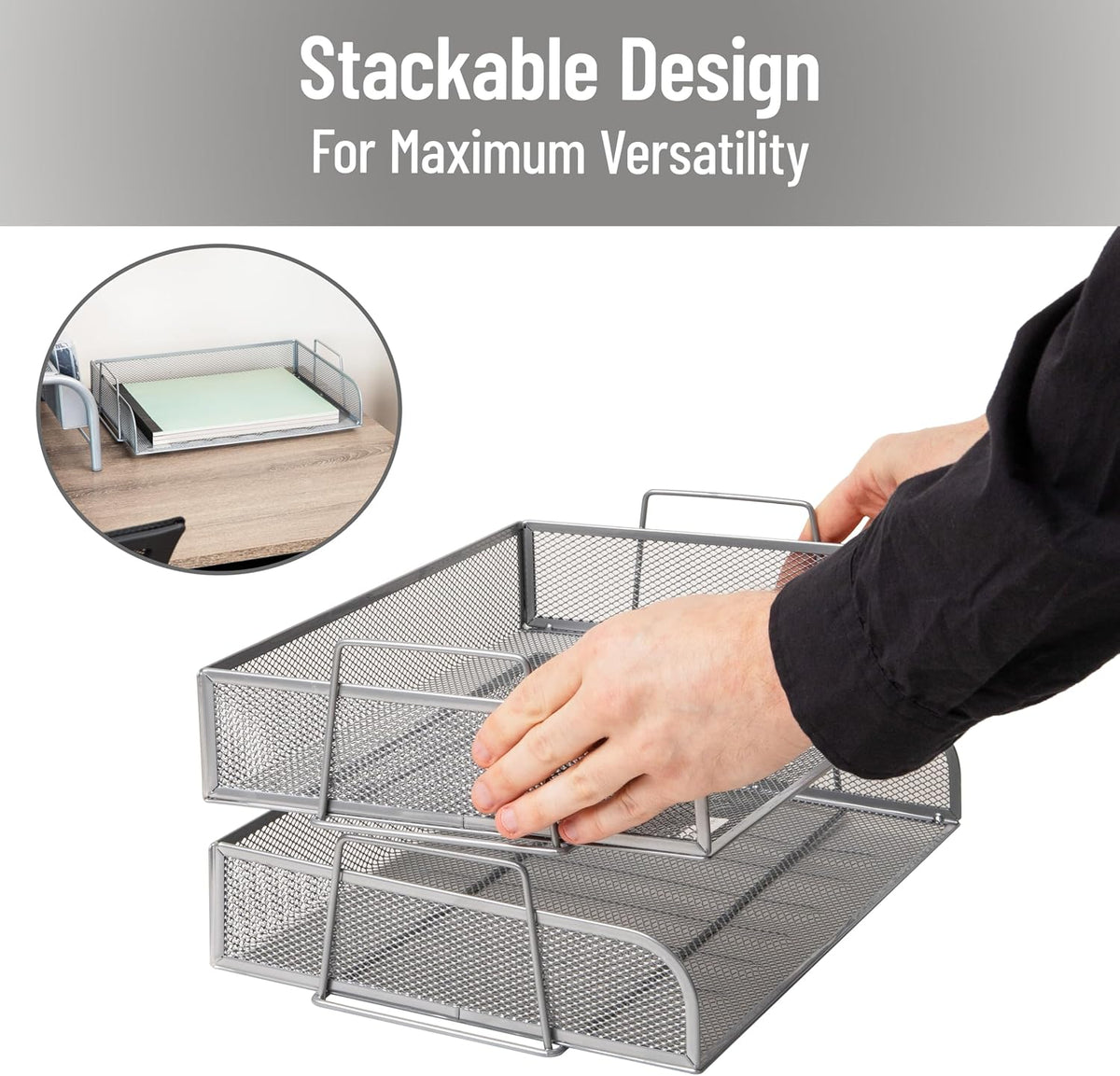 Stackable Paper Tray, Desktop Organizer, File Storage, Office, Metal Mesh, 2 Pcs., Black