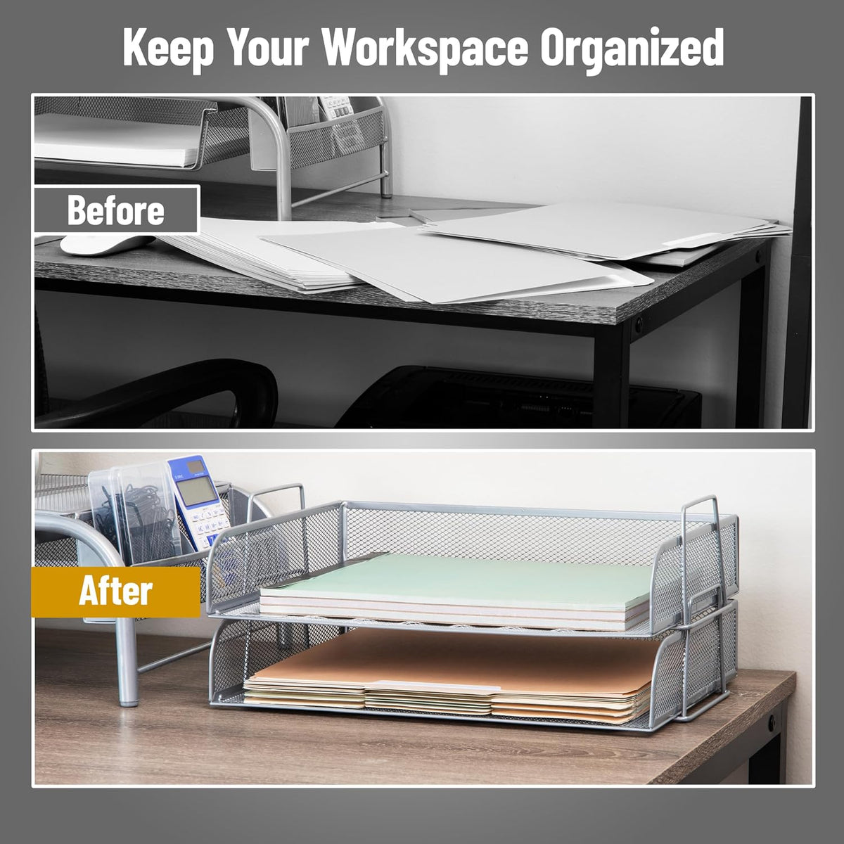 Stackable Paper Tray, Desktop Organizer, File Storage, Office, Metal Mesh, 2 Pcs., Black