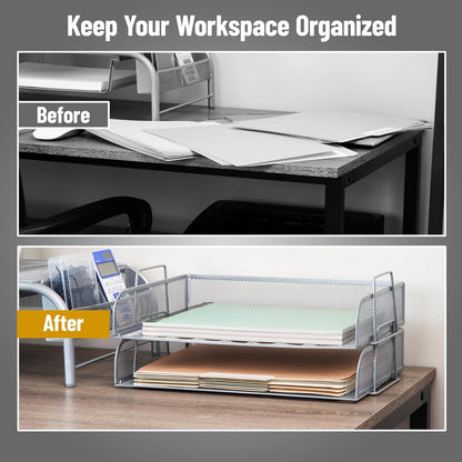 Stackable Paper Tray, Desktop Organizer, File Storage, Office, Metal Mesh, 2 Pcs., Black