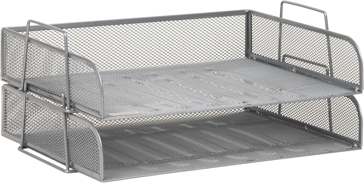 Stackable Paper Tray, Desktop Organizer, File Storage, Office, Metal Mesh, 2 Pcs., Black