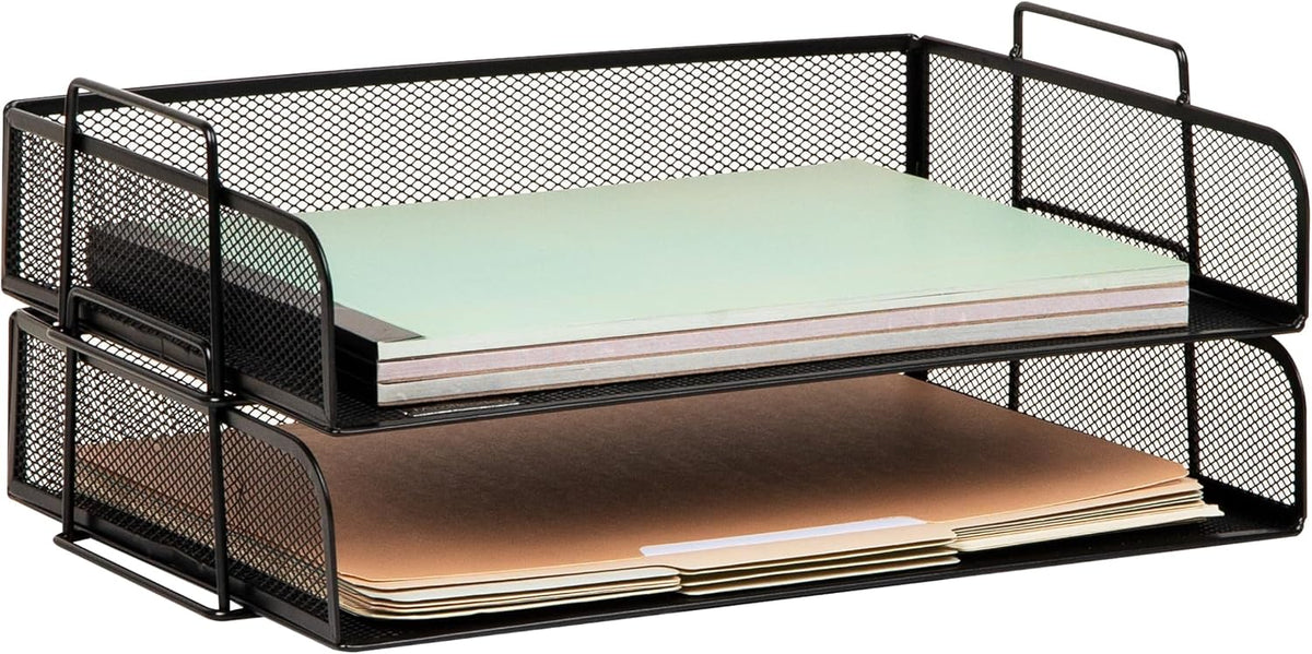 Stackable Paper Tray, Desktop Organizer, File Storage, Office, Metal Mesh, 2 Pcs., Black