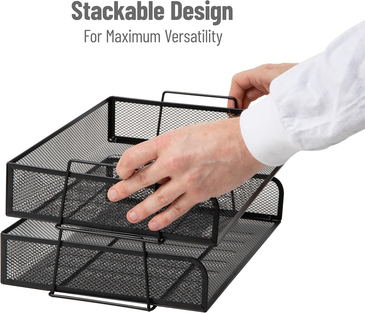 Stackable Paper Tray, Desktop Organizer, File Storage, Office, Metal Mesh, 2 Pcs., Black