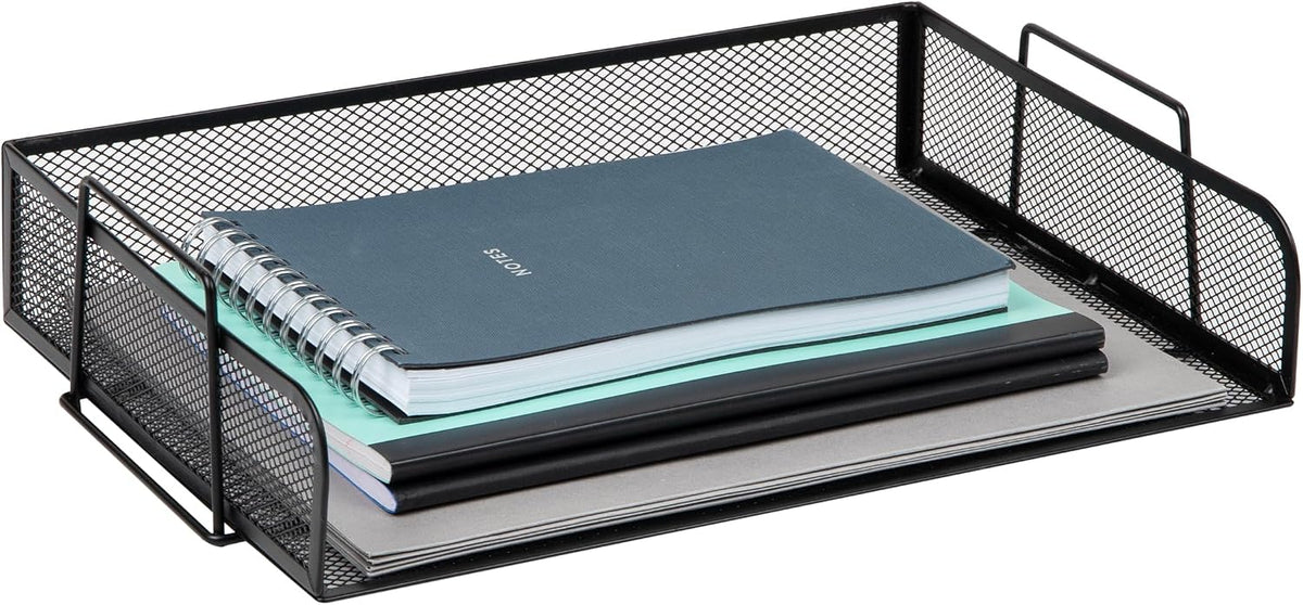 Stackable Paper Tray, Desktop Organizer, File Storage, Office, Metal Mesh, 2 Pcs., Black