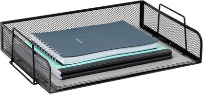 Stackable Paper Tray, Desktop Organizer, File Storage, Office, Metal Mesh, 2 Pcs., Black
