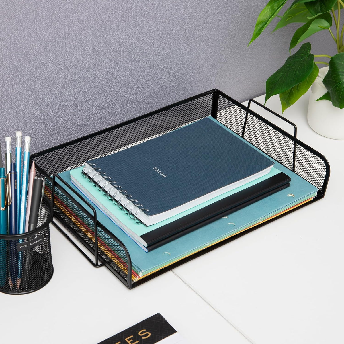 Stackable Paper Tray, Desktop Organizer, File Storage, Office, Metal Mesh, 2 Pcs., Black