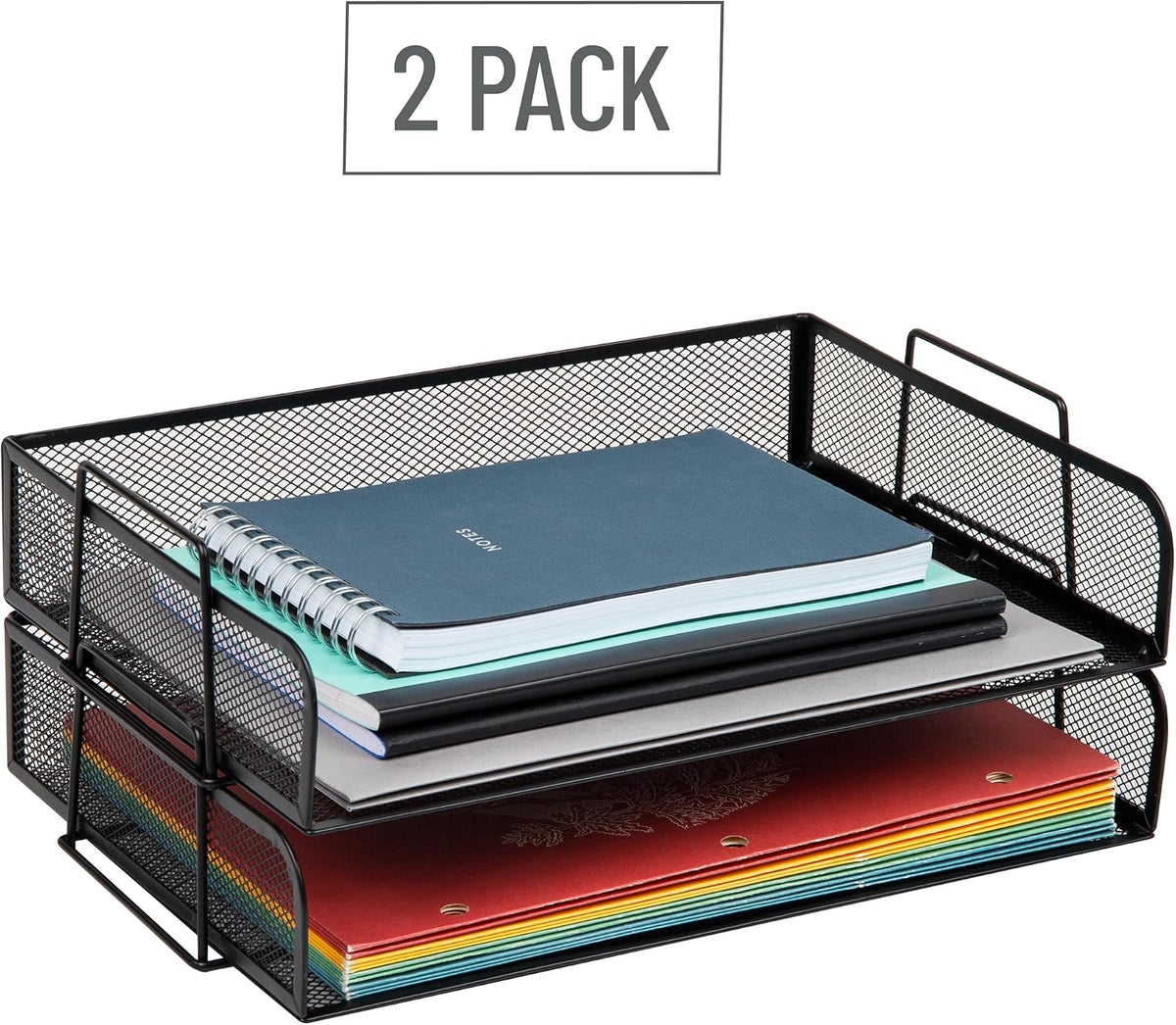 Stackable Paper Tray, Desktop Organizer, File Storage, Office, Metal Mesh, 2 Pcs., Black