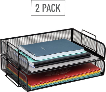 Stackable Paper Tray, Desktop Organizer, File Storage, Office, Metal Mesh, 2 Pcs., Black