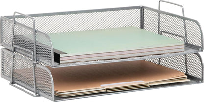 Stackable Paper Tray, Desktop Organizer, File Storage, Office, Metal Mesh, 2 Pcs., Black