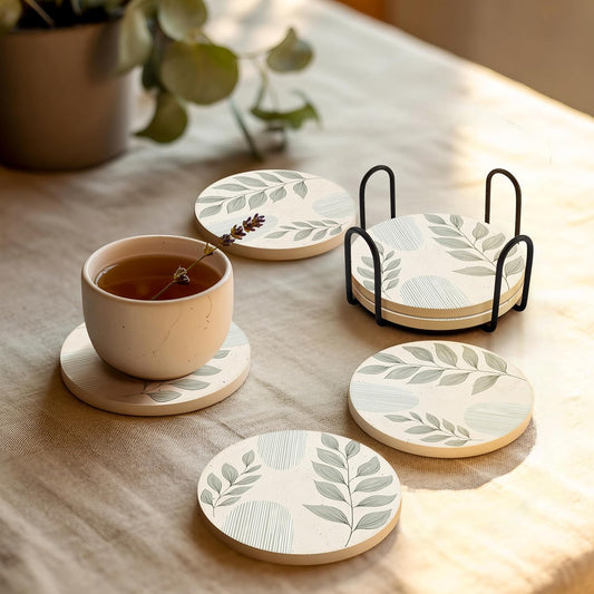 Ceramic Coasters Set of 4 – Absorbent Stone Drink Coasters with Holder, Non-Slip Cork Backing, Modern Marble Look Coasters for Coffee Table, Desk & Home Decor