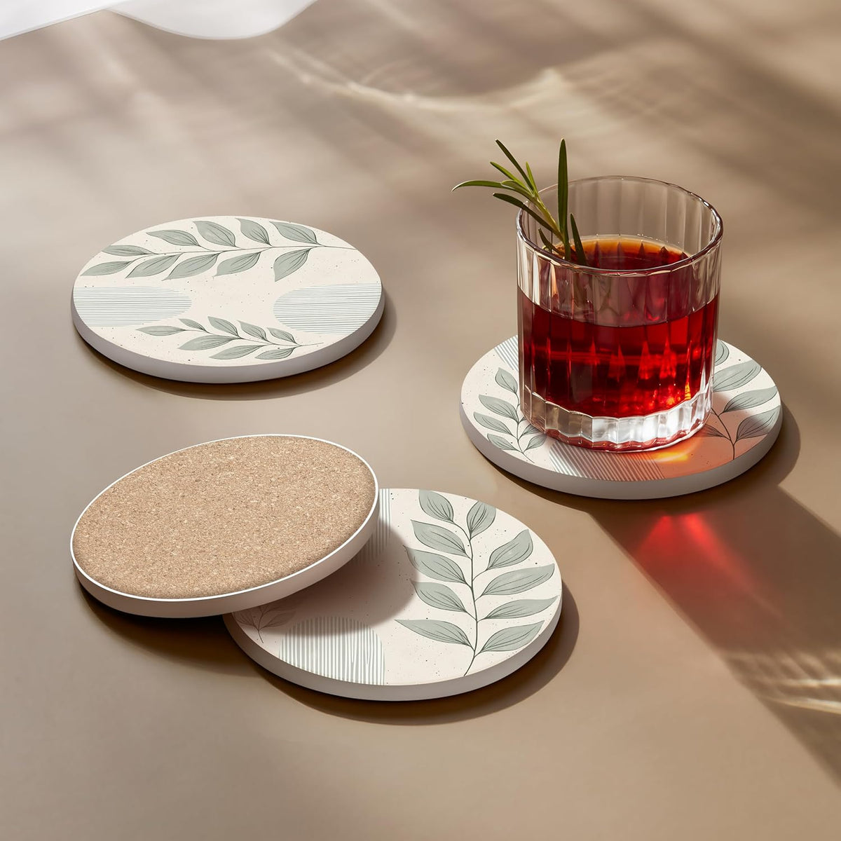 Ceramic Coasters Set of 4 – Absorbent Stone Drink Coasters with Holder, Non-Slip Cork Backing, Modern Marble Look Coasters for Coffee Table, Desk & Home Decor