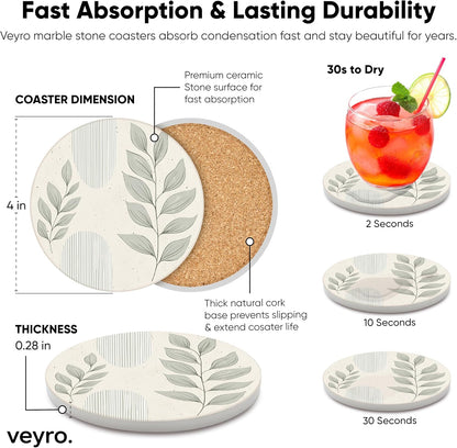 Ceramic Coasters Set of 4 – Absorbent Stone Drink Coasters with Holder, Non-Slip Cork Backing, Modern Marble Look Coasters for Coffee Table, Desk & Home Decor