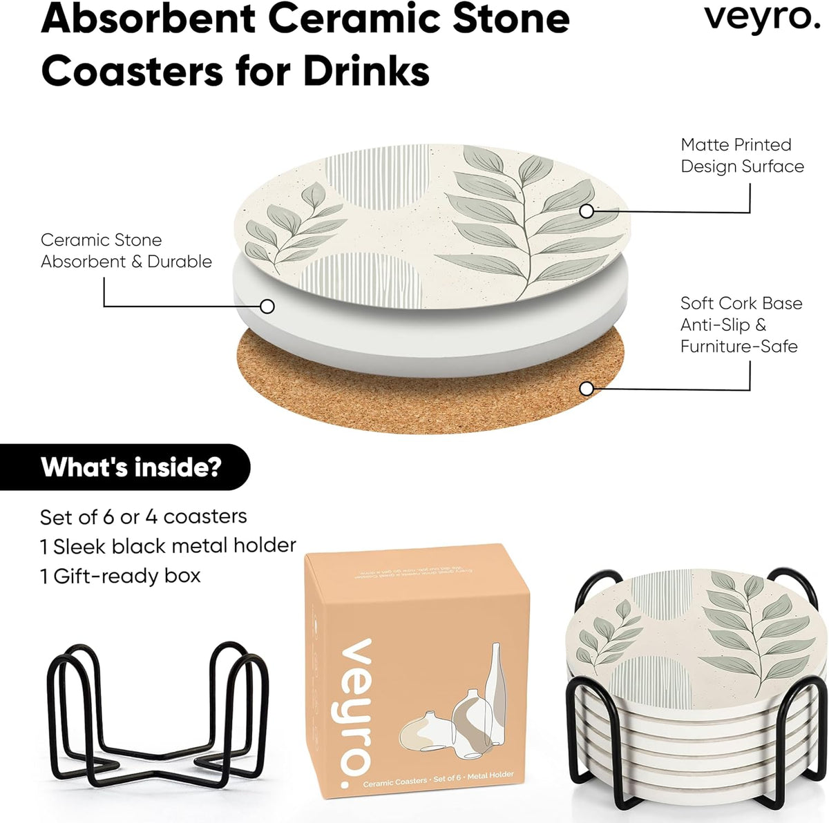 Ceramic Coasters Set of 4 – Absorbent Stone Drink Coasters with Holder, Non-Slip Cork Backing, Modern Marble Look Coasters for Coffee Table, Desk & Home Decor