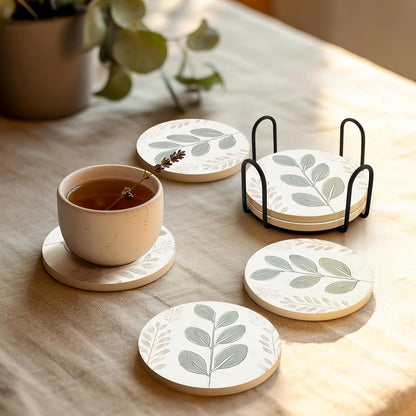 Ceramic Coasters Set of 4 – Absorbent Stone Drink Coasters with Holder, Non-Slip Cork Backing, Modern Marble Look Coasters for Coffee Table, Desk & Home Decor