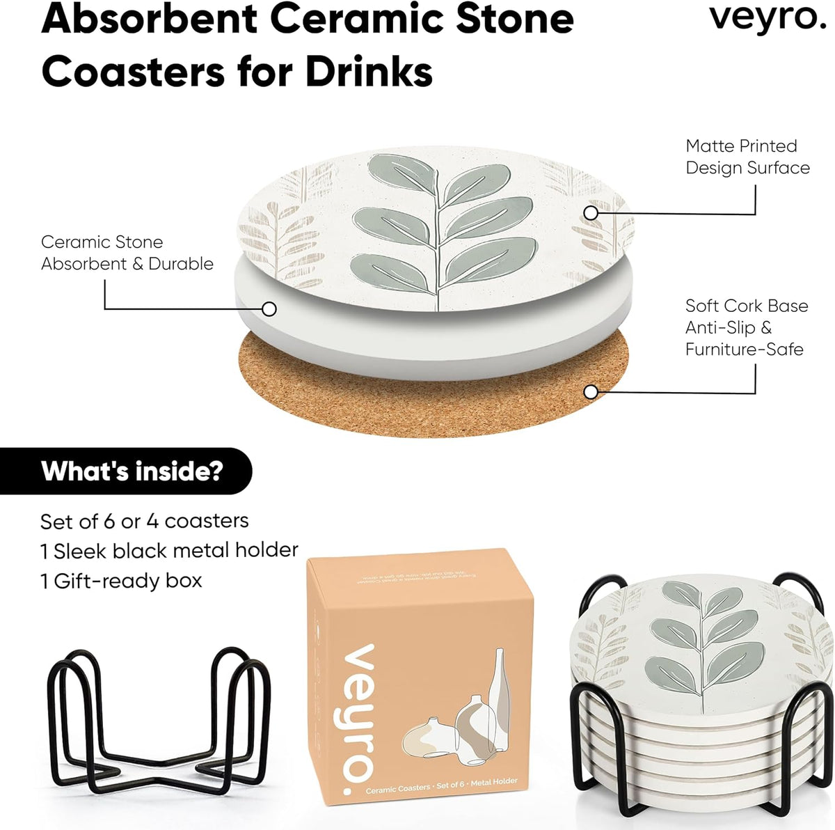 Ceramic Coasters Set of 4 – Absorbent Stone Drink Coasters with Holder, Non-Slip Cork Backing, Modern Marble Look Coasters for Coffee Table, Desk & Home Decor