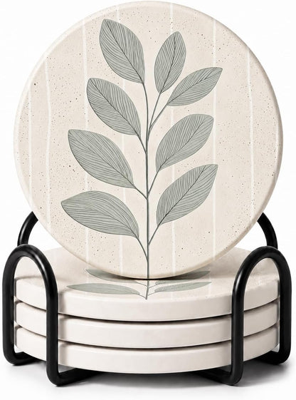 Ceramic Coasters Set of 4 – Absorbent Stone Drink Coasters with Holder, Non-Slip Cork Backing, Modern Marble Look Coasters for Coffee Table, Desk & Home Decor