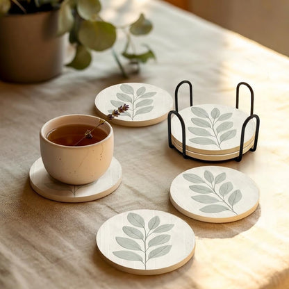 Ceramic Coasters Set of 4 – Absorbent Stone Drink Coasters with Holder, Non-Slip Cork Backing, Modern Marble Look Coasters for Coffee Table, Desk & Home Decor