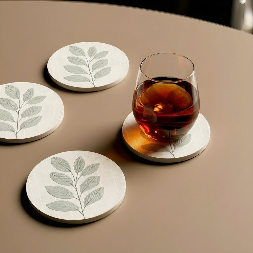 Ceramic Coasters Set of 4 – Absorbent Stone Drink Coasters with Holder, Non-Slip Cork Backing, Modern Marble Look Coasters for Coffee Table, Desk & Home Decor