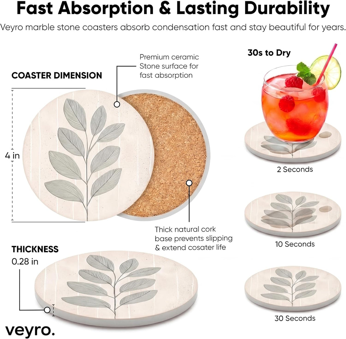 Ceramic Coasters Set of 4 – Absorbent Stone Drink Coasters with Holder, Non-Slip Cork Backing, Modern Marble Look Coasters for Coffee Table, Desk & Home Decor