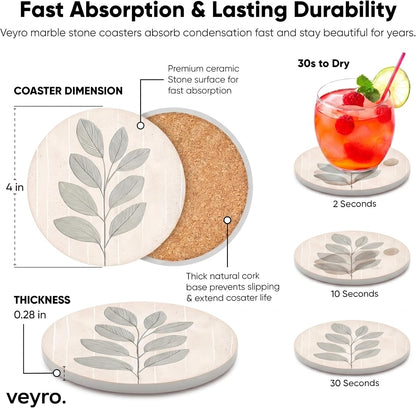 Ceramic Coasters Set of 4 – Absorbent Stone Drink Coasters with Holder, Non-Slip Cork Backing, Modern Marble Look Coasters for Coffee Table, Desk & Home Decor