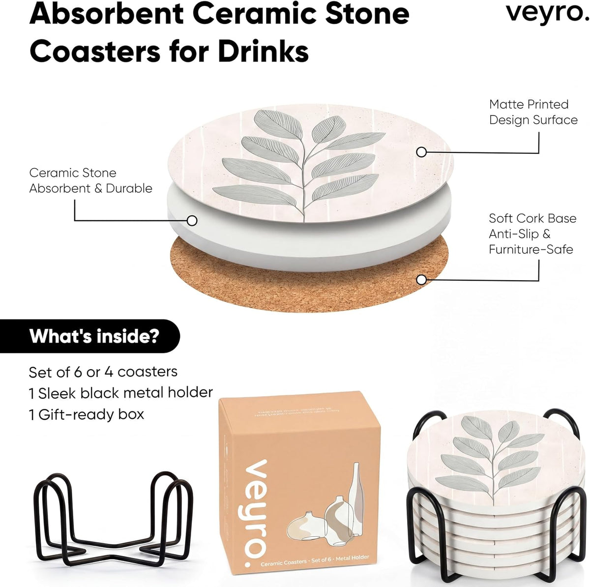 Ceramic Coasters Set of 4 – Absorbent Stone Drink Coasters with Holder, Non-Slip Cork Backing, Modern Marble Look Coasters for Coffee Table, Desk & Home Decor