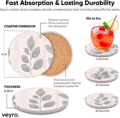 Ceramic Coasters Set of 4 – Absorbent Stone Drink Coasters with Holder, Non-Slip Cork Backing, Modern Marble Look Coasters for Coffee Table, Desk & Home Decor