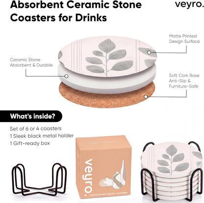 Ceramic Coasters Set of 4 – Absorbent Stone Drink Coasters with Holder, Non-Slip Cork Backing, Modern Marble Look Coasters for Coffee Table, Desk & Home Decor