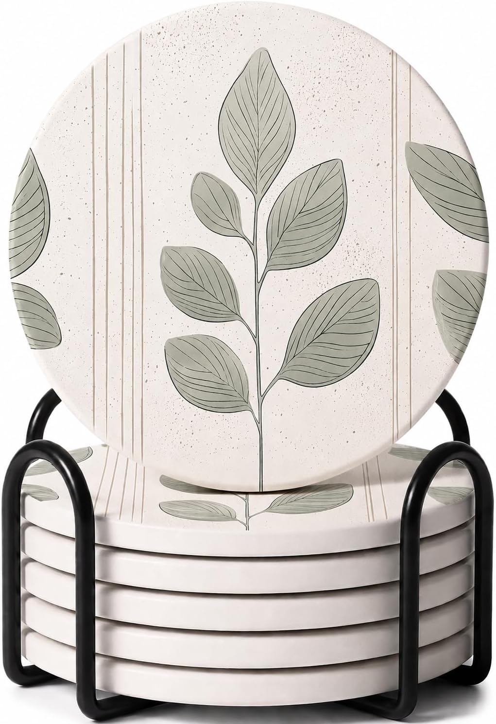 Ceramic Coasters Set of 4 – Absorbent Stone Drink Coasters with Holder, Non-Slip Cork Backing, Modern Marble Look Coasters for Coffee Table, Desk & Home Decor