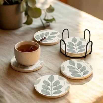 Ceramic Coasters Set of 4 – Absorbent Stone Drink Coasters with Holder, Non-Slip Cork Backing, Modern Marble Look Coasters for Coffee Table, Desk & Home Decor