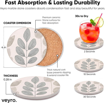 Ceramic Coasters Set of 4 – Absorbent Stone Drink Coasters with Holder, Non-Slip Cork Backing, Modern Marble Look Coasters for Coffee Table, Desk & Home Decor