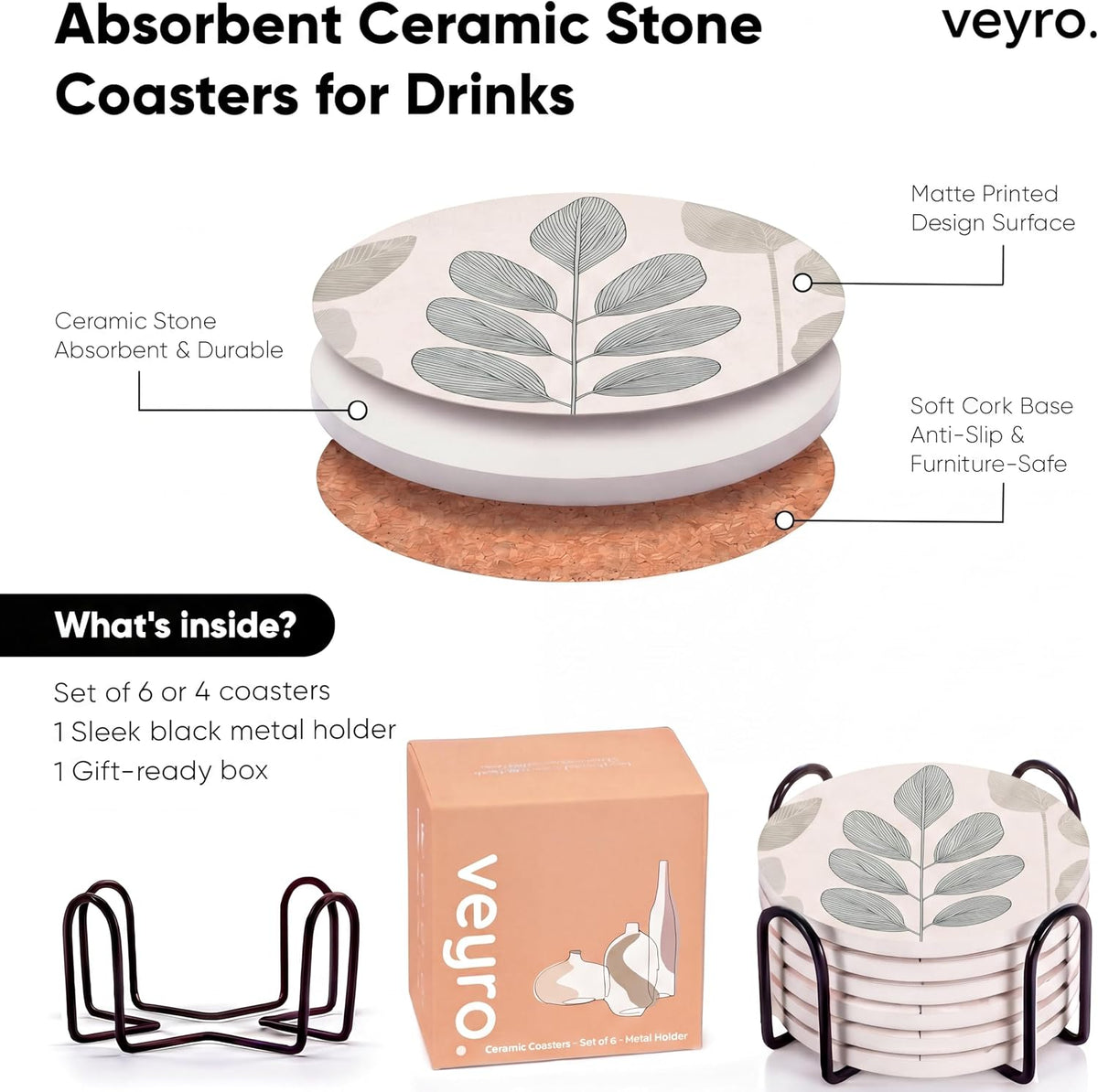 Ceramic Coasters Set of 4 – Absorbent Stone Drink Coasters with Holder, Non-Slip Cork Backing, Modern Marble Look Coasters for Coffee Table, Desk & Home Decor