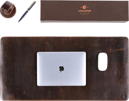 moonster 100% Full Grain Buffalo Leather Desk Pad with Ballpoint Pen & Pen Holder – 31 x 16 in Office Desk Mat, Large Mouse Pad, Non-Slip Desk Blotter, Laptop Table Protector, Desk Cover for Work