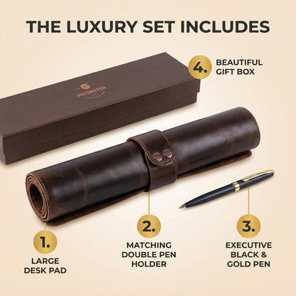 moonster 100% Full Grain Buffalo Leather Desk Pad with Ballpoint Pen & Pen Holder – 31 x 16 in Office Desk Mat, Large Mouse Pad, Non-Slip Desk Blotter, Laptop Table Protector, Desk Cover for Work