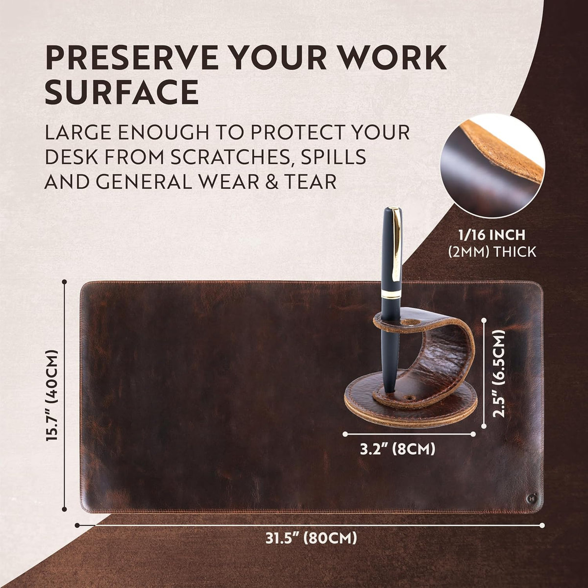 moonster 100% Full Grain Buffalo Leather Desk Pad with Ballpoint Pen & Pen Holder – 31 x 16 in Office Desk Mat, Large Mouse Pad, Non-Slip Desk Blotter, Laptop Table Protector, Desk Cover for Work