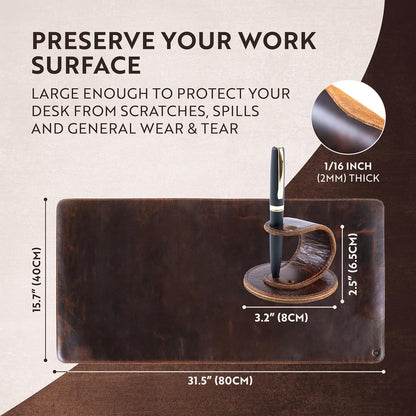 moonster 100% Full Grain Buffalo Leather Desk Pad with Ballpoint Pen & Pen Holder – 31 x 16 in Office Desk Mat, Large Mouse Pad, Non-Slip Desk Blotter, Laptop Table Protector, Desk Cover for Work
