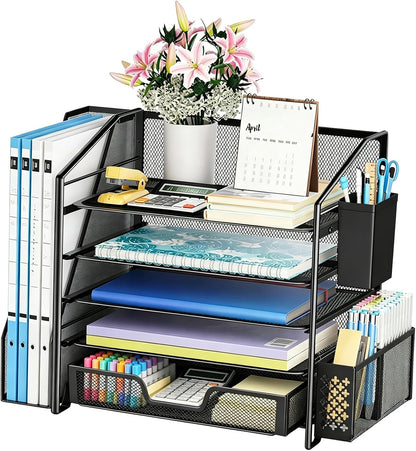 5-Tier Desk File Organizer, Paper Organizer, Black