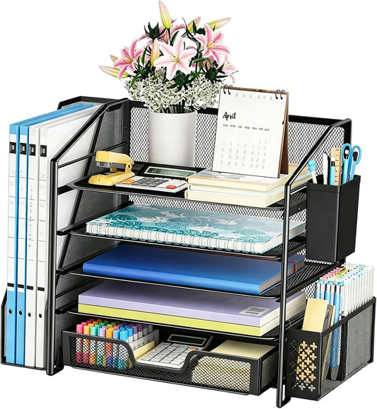 5-Tier Desk File Organizer, Paper Organizer, Black