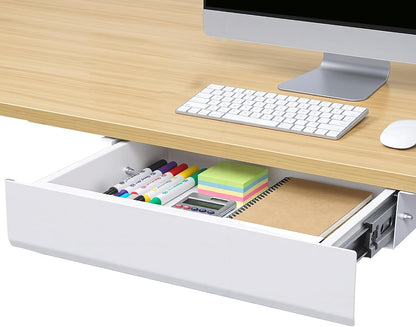 Under Desk Drawer, Steel Drawer for Desk Slide-out, Under table Mounted Drawer, Standing Workstation Storage Attachment for Office Home - 17.7” Width, White