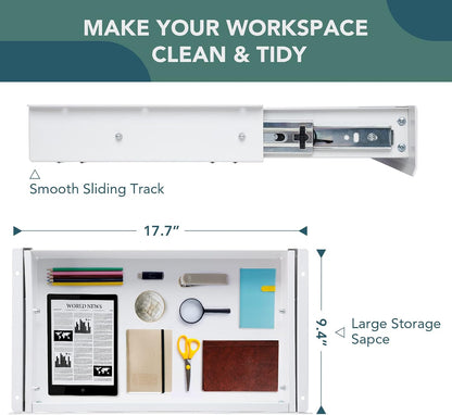 Under Desk Drawer, Steel Drawer for Desk Slide-out, Under table Mounted Drawer, Standing Workstation Storage Attachment for Office Home - 17.7” Width, White