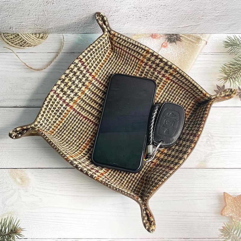 Harris Tweed Wool Valet Tray - Handcrafted Desk Organizer with Brass Snaps,Versatile Storage for Keys, Coin, Jewelry, and More