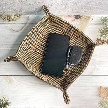 Harris Tweed Wool Valet Tray - Handcrafted Desk Organizer with Brass Snaps,Versatile Storage for Keys, Coin, Jewelry, and More