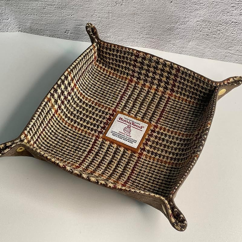 Harris Tweed Wool Valet Tray - Handcrafted Desk Organizer with Brass Snaps,Versatile Storage for Keys, Coin, Jewelry, and More