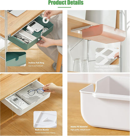 Under Desk Drawer, Large Self-Adhesive Under Desks Organiser, 13x9.2inch Hidden Under Desk Storage Box Cosmetics Case for Storage of Cutlery, Office Supplies, Stationery and Cosmetic (White)