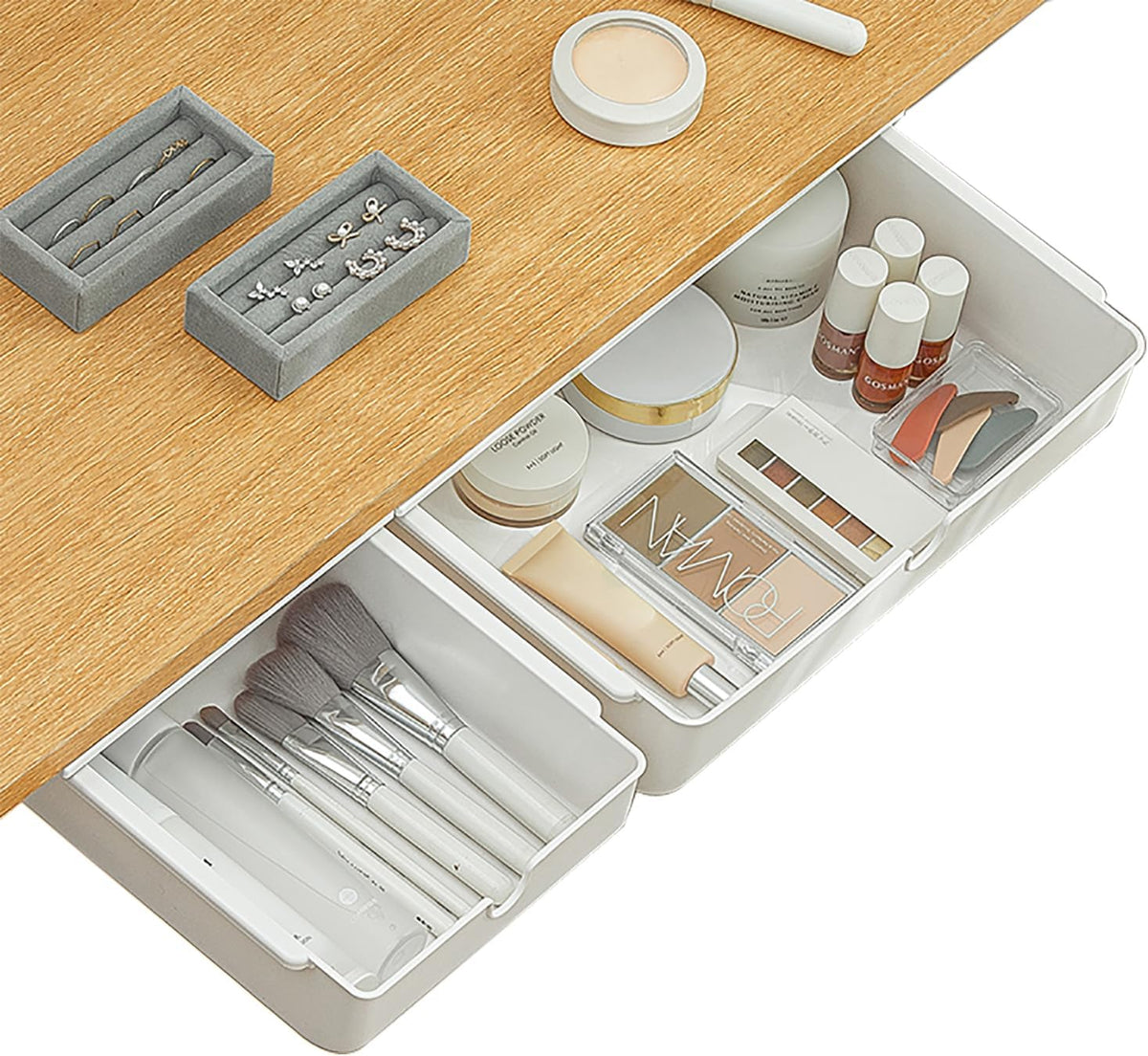 Under Desk Drawer, Large Self-Adhesive Under Desks Organiser, 13x9.2inch Hidden Under Desk Storage Box Cosmetics Case for Storage of Cutlery, Office Supplies, Stationery and Cosmetic (White)