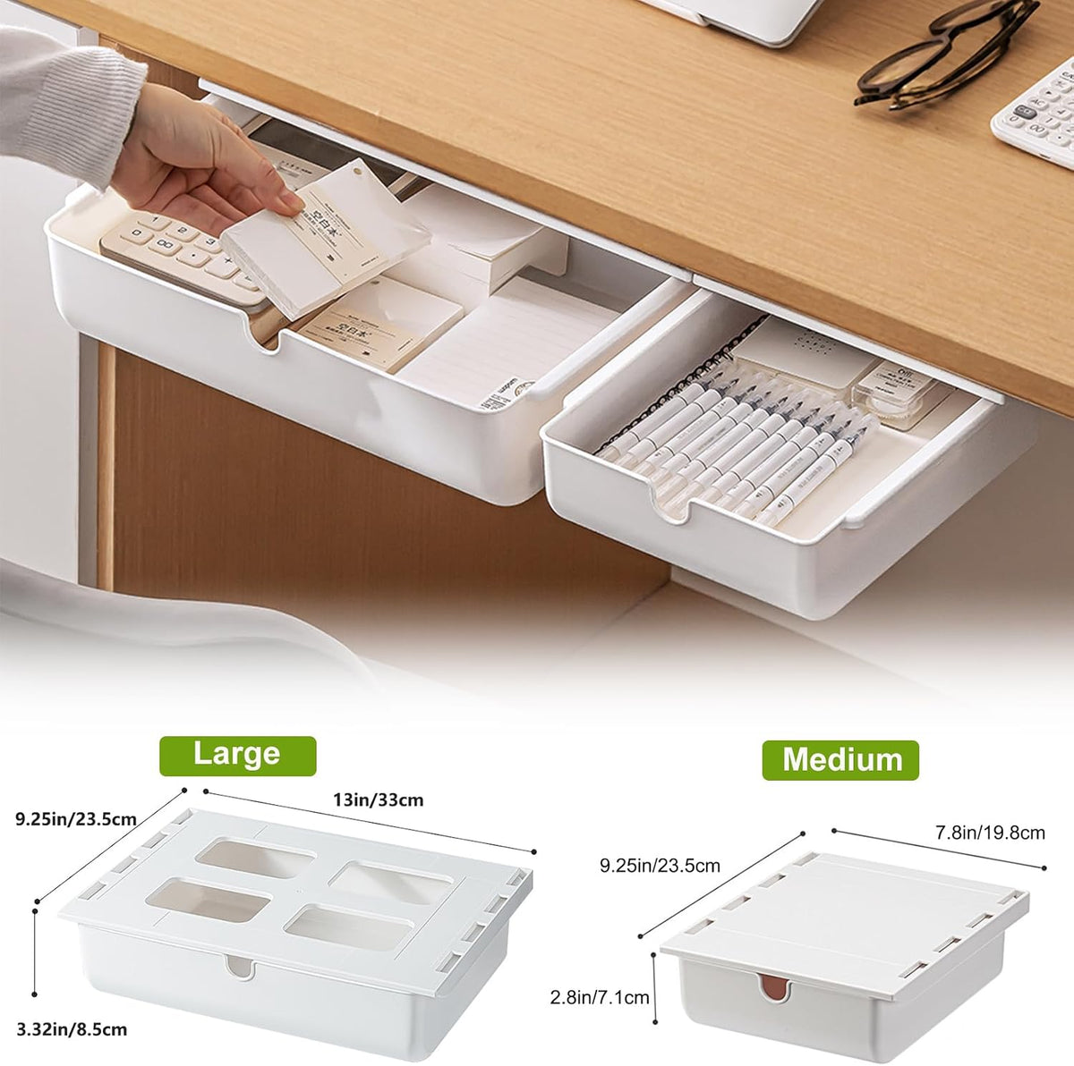 Under Desk Drawer, Large Self-Adhesive Under Desks Organiser, 13x9.2inch Hidden Under Desk Storage Box Cosmetics Case for Storage of Cutlery, Office Supplies, Stationery and Cosmetic (White)